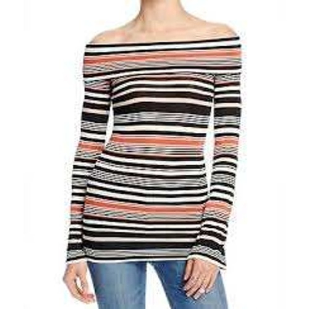 Free People Off The Shoulder Bell Sleeve d Ribbed Women Top Black Orange Small